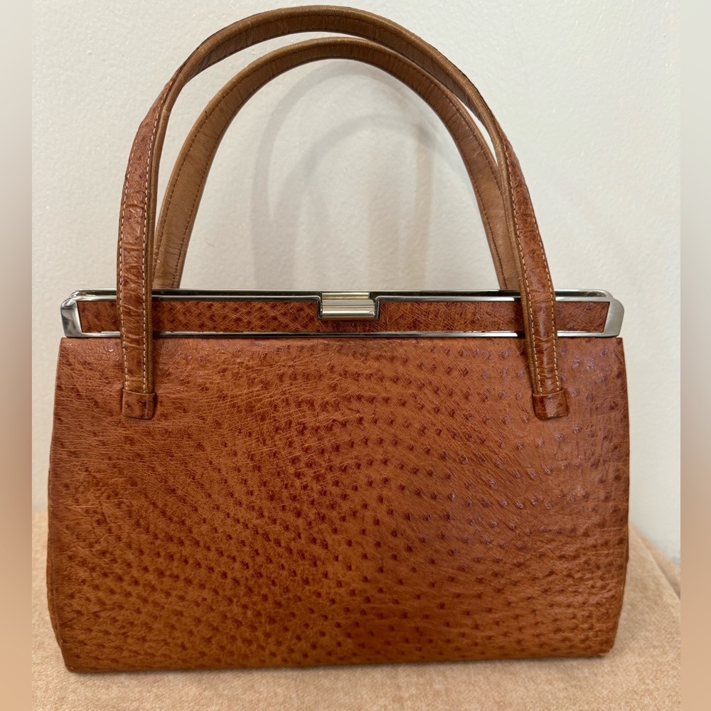 Ostrich vintage Leather Handbag (non-branded) in Camel color - made in Japan